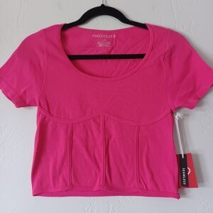 NWT One Step Ahead Hot Pink Ribbed Scoop Seamless Corset Style Tee